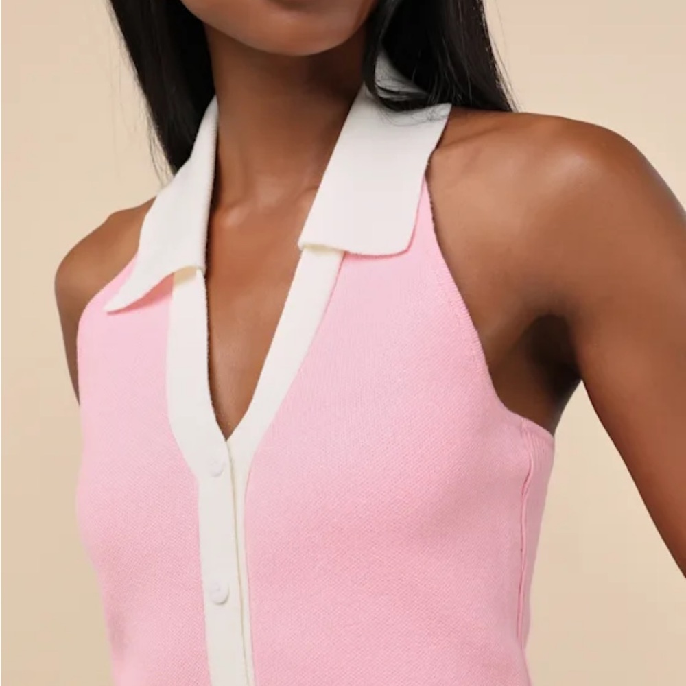 Lulus Ameliah Pink and White Collared Sweater Tank Top - Picture 4 of 13